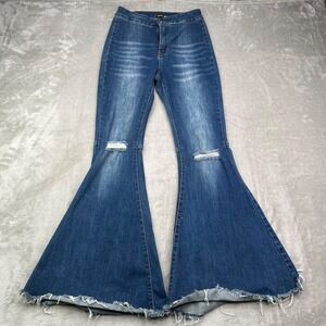 L&B Jeans Womens 25 Blue Flared Bell Bottoms Distressed Whiskers High Rise Denim